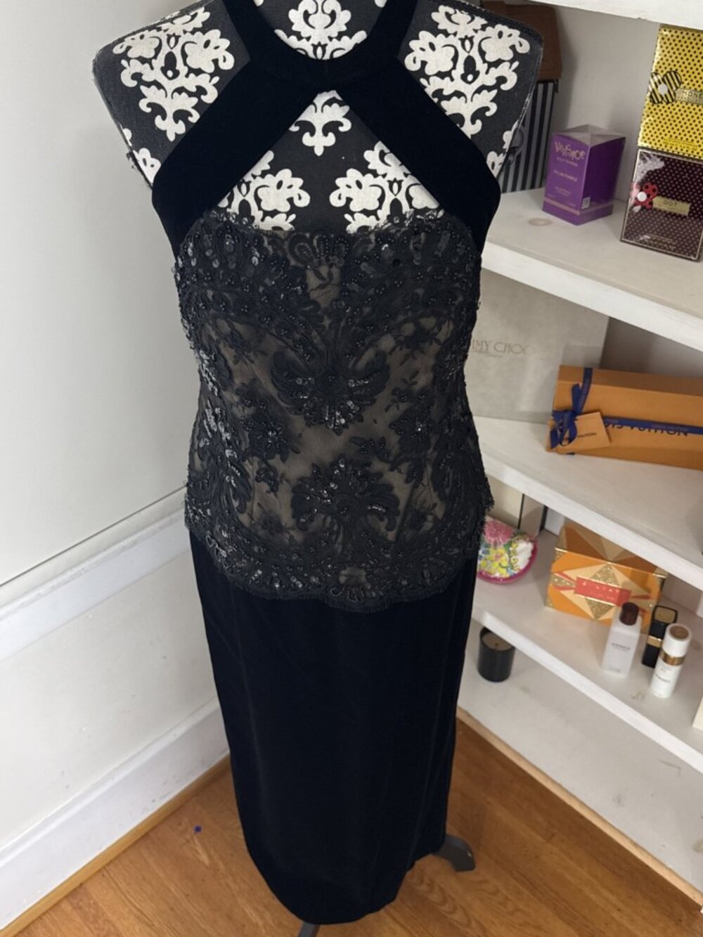 Vintage Victor Costa Black Velvet Dress 70's Lace Dress sexy back Classy